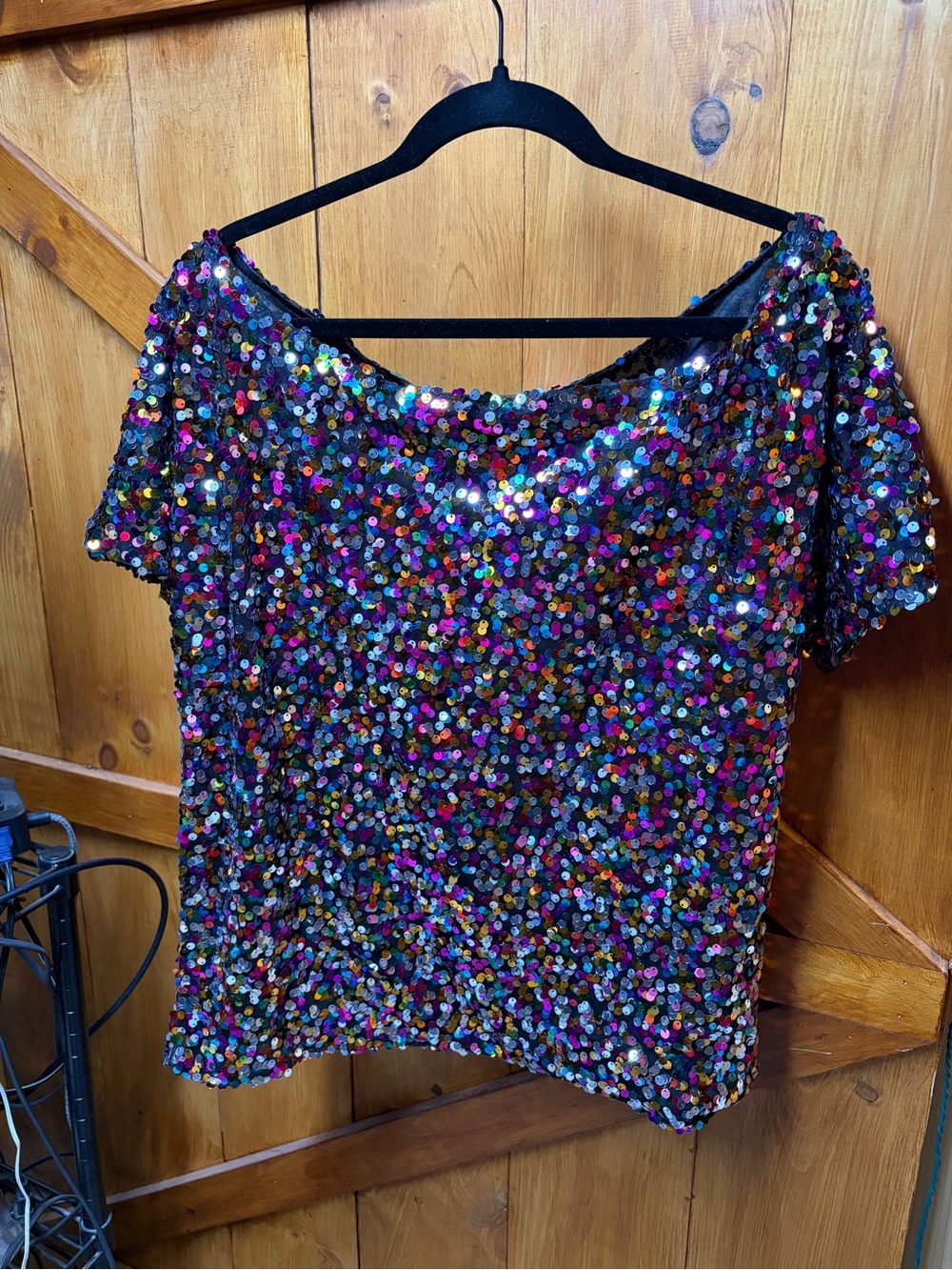 Multicolor Sequin Short Sleeve Scoop Neck Top
